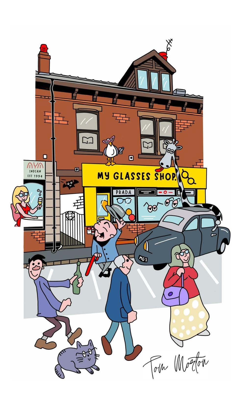 Tom Morton illustration of My Glasses Shop’s yellow shopfront in Poulton-le-Fylde